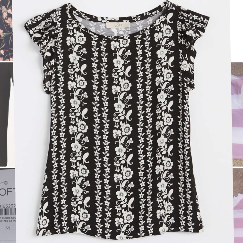 NWT LOFT mixed media floral shell, black & white